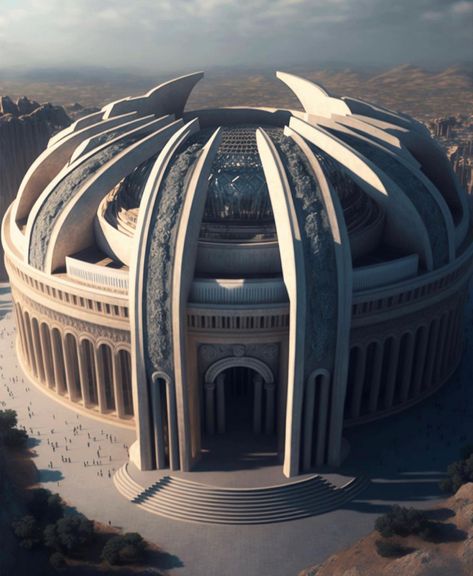 Futuristic Temple Concept Art, Futuristic Greek Architecture, Futuristic Ancient Greece, Futuristic Roman Empire, Greek Futuristic, African Futurism Architecture, Egypt Futuristic, Futuristic Kingdom, Futuristic Palace