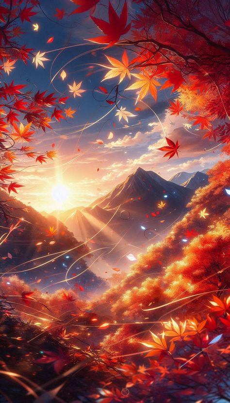 Autumn in full swing, vibrant hues of maple leaves, and enchanting forest scenery. #AnimeNature #FallScenery #4KWallpaper #AutumnLeaves #NatureEscape #AnimeInspired Red Scenery, Cherry Blossom Pictures, Forest Scenery, Fantasy Background, Autumn Scenery, Printable Scrapbook Paper, Cool Wallpapers Art, Fantasy Art Landscapes, Cute Backgrounds