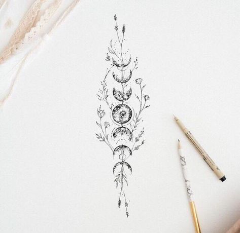 Tattoos For Women Moon Phases, Moon Flower Spine Tattoo, Spine Book Tattoos For Women, Moon Phase Tattoo Placement, Moon Phases Tattoo With Flowers, Nature Inspired Spine Tattoo, Floral Phases Of The Moon Tattoo, Feminine Moon Phase Tattoo, Moon Phases And Flower Tattoo