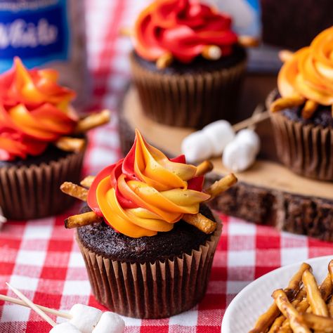 Campfire Cupcakes Recipe Camp Cupcakes, Campfire Birthday Party, Bonfire Cake, Camping Birthday Cake, Fire Cupcakes, Campfire Cupcakes, Bonfire Birthday Party, Campfire Cake, Chocolate Cake Mix Recipes