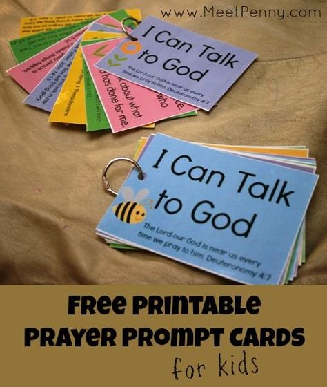 free printable prayer cards to teach children to pray.  Not Catholic - So I have placed them here.  Very nice idea and could probably be used as is in Catholic R.E. classes  - perhaps - depending on age of child - I would adapt the asking forgiveness to include going to reconciliation and including the act of contrition. Kids Prayer, Talk To God, Printable Prayers, Preschool Bible, Bible Study For Kids, Sunday School Activities, Prayers For Children, Christian Education, Childrens Bible