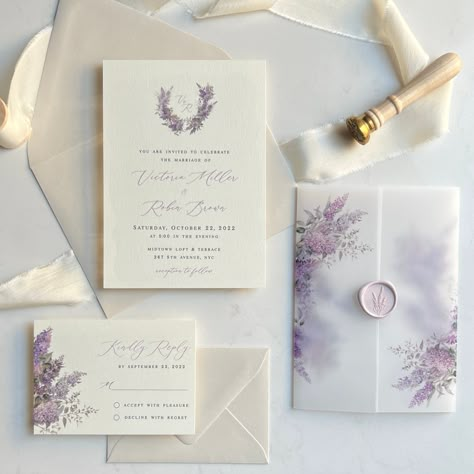 Printed Semi-Custom Wedding Invitation | Lilac Wedding Invite | Lilac Vellum Jacket | Wax Seal | Lavender Purple Wedding Stationery https://etsy.me/3IeIofF #lilacwedding #lilacinvitation #wedding #floralinvitation #lavenderwedding #purplewedding #invitations Lavender Purple Wedding, Lilac Wedding Themes, Lavender Invitation, Lilac Wedding Invitations, Light Purple Wedding, Lila Party, Lavender Wedding Theme, Vellum Jacket, Lavender Wedding Invitations