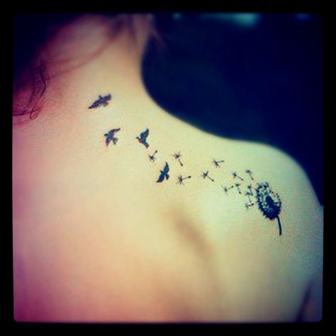 dandelion tattoo Sister Things, Swallow Tattoo Design, Dandelion Tattoo Design, Small Bird Tattoos, Little Bird Tattoos, Nape Tattoo, Flying Bird Tattoo, Small Bird Tattoo, Dandelion Tattoo