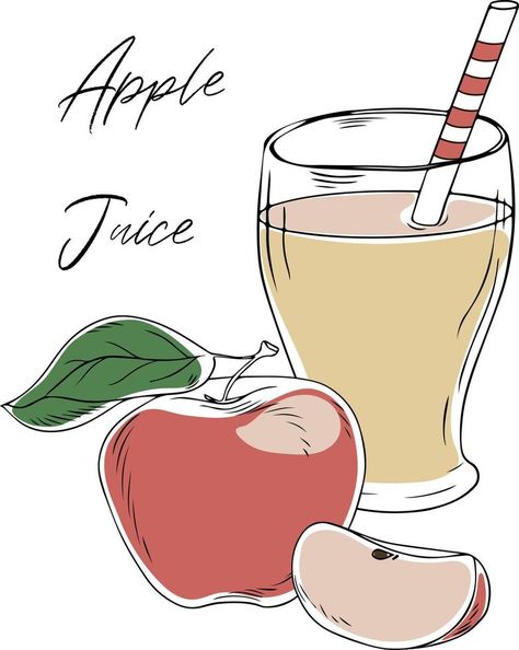 Colorful illustration of apple juice in a glass with straw, fresh pink apple, whole and sliced, isolated on white background. Hand-drawn doodle style. Vector illustration Apple Juice Drawing, Juice Drawing, Salad Drawing, Glass With Straw, Pink Illustration, Apple Salad, Colorful Illustration, Doodle Style, Vector Banner