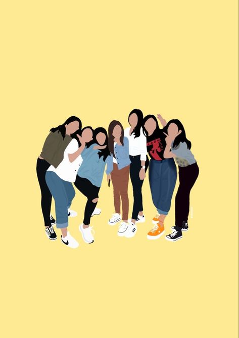 Illustration Art Friends Group, Squad Aesthetic, Cartoons Group, Girls Squad, Illustration Comic, Friends Illustration, Bff Drawings, Friend Cartoon, Girly Wall Art