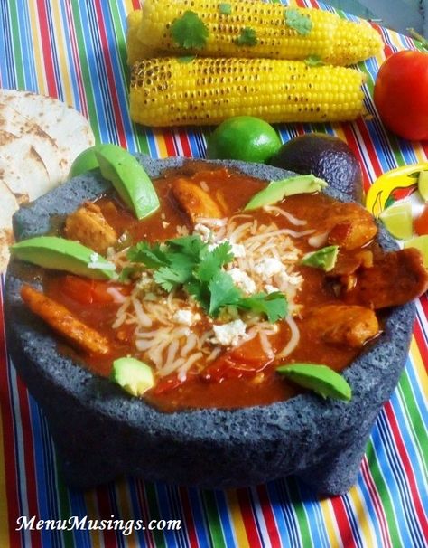 Chicken Molcajete -  An exquisite dish I became familiar with in Northwestern Mexico in the foothills of the Sierra Madre mountains. It is similar to fajitas, but served in a rich, tomato based soup/stew.  FABULOUS! Step-by-step photo tutorial. Mocajete Recipe, Tomato Based Soup, Mexican Stew, American Mom, Mexican Cooking, Tex Mex Recipes, Mexican Dishes, Top Secret, Marinara