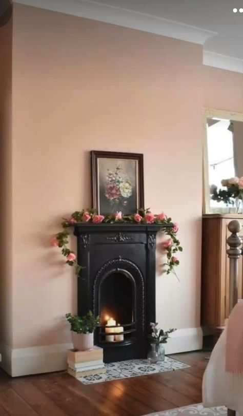 Bedroom Fireplace Victorian, 1912 House, Fireplace Victorian, Fireplace Light, Light Pink Bedrooms, Light Pink Walls, 2024 Bedroom, Black Fireplace, Victorian Bedroom