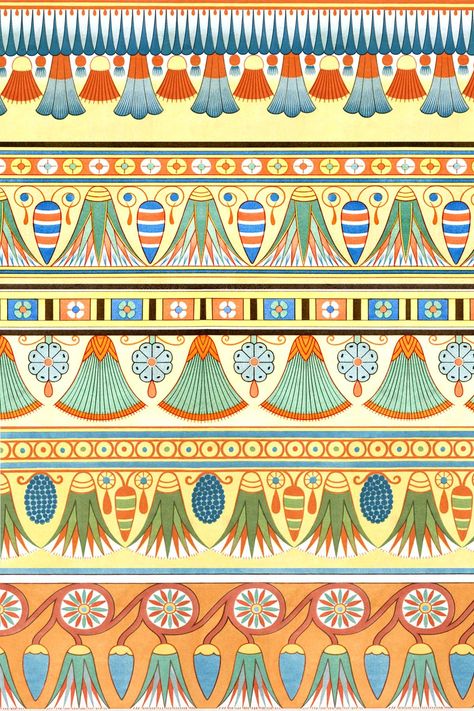 Discover a fantastic collection of twelve Egyptian Border Designs in wonderful colors. These flowered friezes were found painted inside of Egyptian tombs. Painted Borders Ideas, Colored Border Design, Egyptian Motifs Design Ancient Egypt, Egyptian Flower Tattoo Ancient Egypt, Egyptian Motifs Pattern, Ancient Egyptian Patterns, Egyptian Folk Art Motifs, Egyptian Border Design, Egyptian Pattern Design