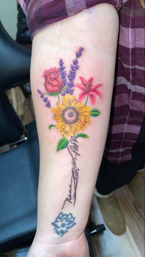 Color floral tattoo on forearm Grandparents Signature Tattoo, Tattoo With Signature Handwriting, Tattoos With Signatures Handwriting, Memorial Handwriting Tattoo, Floral Memorial Tattoo, Signature Tattoos Memorial, Flower Signature, Signature Tattoo, Art Signature