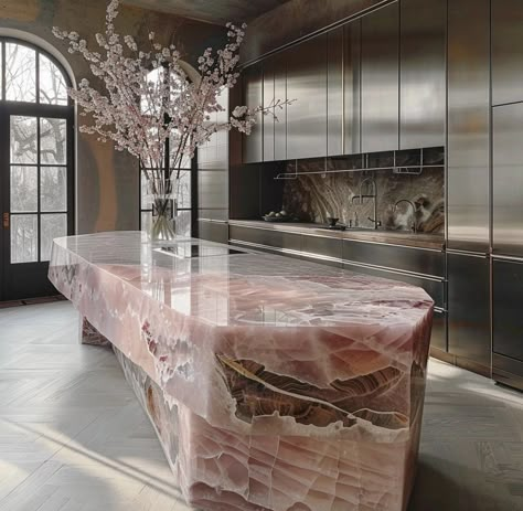 Pink Quartz Kitchen, Storybook Architecture, Quartz Stone Kitchen, Onyx Kitchen, Marble Kitchen Island, Minimal Kitchen, Modern Kitchen Ideas, Marble Console, Stylish Apartment