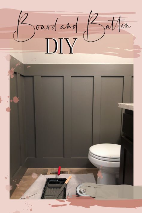 Gray board and batten DIY in bathroom. Full board and batten tutorial in my powder room! Powder Room Board And Batten Diy, Batten Board In Bathroom, Water Closet Board And Batten, Board And Batten Behind Sink, Small Powder Room Ideas Modern Board And Batten, Panel Board Bathroom, Powder Bath Board And Batten, Toilet Room Board And Batten, Repose Gray Board And Batten