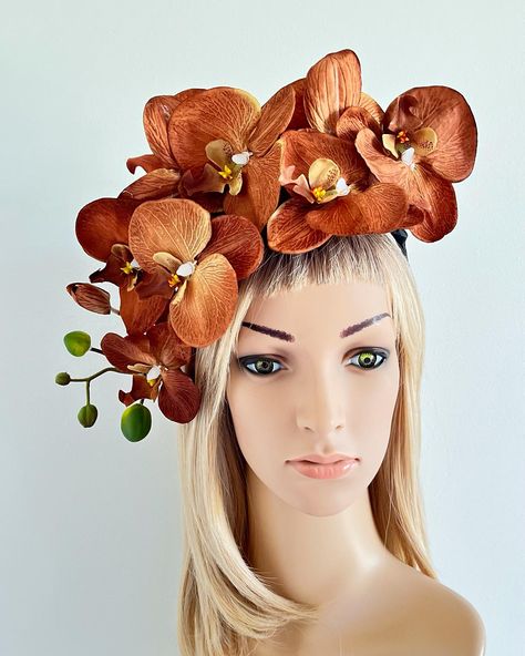 https://michellefascinator.etsy.com Brown Orchid, Brown Headband, Headband Handmade, Headband Fascinator, Green Orchid, Flower Crown Headband, Flower Fascinator, Comfortable Headbands, Mini Hats