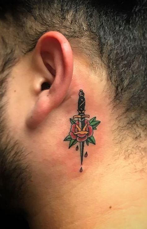 Traditional Behind The Ear Tattoo, Behind Ear Tattoo Traditional, Back Of The Ear Tattoos Men, Mens Ear Tattoo, Small Behind The Ear Tattoo Ideas Men, Tattoos Behind The Ear For Men, Under The Ear Tattoo, Back Of Ear Tattoo Men, Behind The Ear Tattoo Ideas For Men Guys