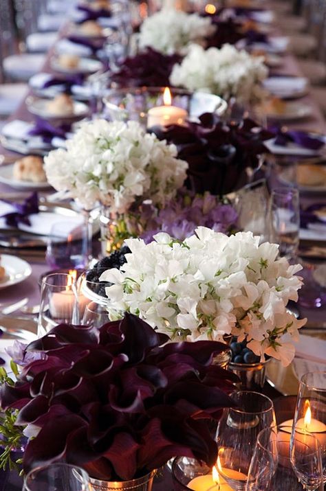 Low Wedding Centerpieces, Long Table Wedding, Colin Cowie Wedding, Plum Wedding, Low Centerpieces, Sweet Peas, Calla Lilies, Long Table, Mod Wedding