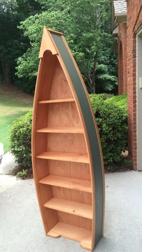 Canoe Shelf Diy, Boat Shelf Decor, Canoe Shelf, Boat Shelf, Boat Furniture, Comfortable Bedroom Decor, Creative Bookshelves, Booth Decor, Unique Furniture Design