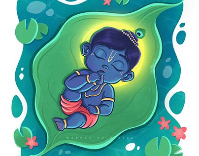 Lord Krishna Cute Drawings, Cute Krishna Illustration, Lord Krishna Illustration, Krishna Cute Drawing, Baby Krishna Painting, Janmashtami Illustration, Baby Krishna Drawing, Janmashtami Art, Krishna Digital Art