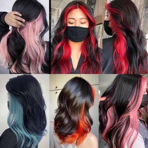 Hair Color Inside The Hair, Hair Colour Ideas Underneath, Peekaboo Hair Color Sectioning, Hair Color Back Of Head, Colour Under Hair, Black Hair With Underlights, Hair Colour For Layered Hair, Under Layer Colored Hair, Half Half Hair Color Underneath