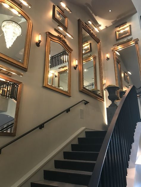 Wall Next To Stairs, Stairway Mirror, Gallery Staircase, Greenery Interior, Boutique Aesthetic, Mirror Gallery, Wall Groupings, Mirror Mirror On The Wall, Mirror On The Wall