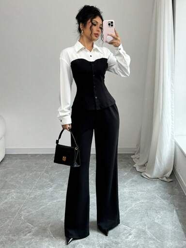 Black White Blouse, Blouse And Pants, Black And White Blouse, White Blouse, Color Blocking, Winter Outfits, Dresses For Work, Pants For Women, Slim Fit