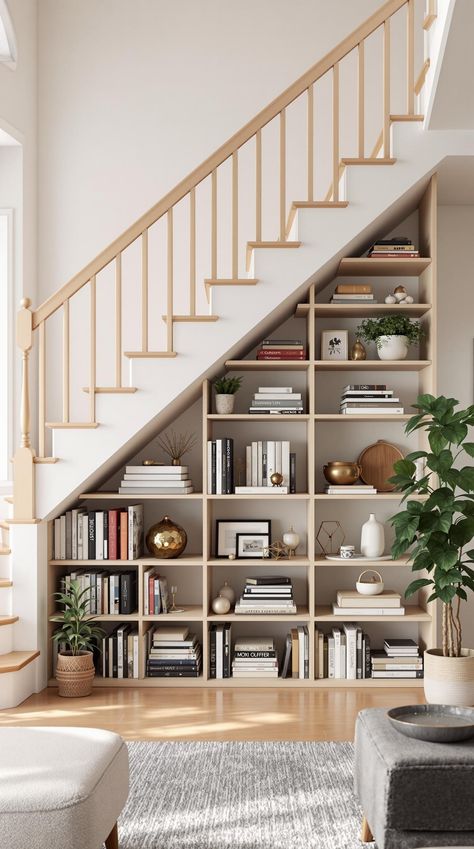 Staircase Storage Under Stairs Bookcases Under Stairs, Book Shelves Stair Landing, Under Stairs Bookshelves, Bookcase Next To Stairs, Study Under Stairs, Under Staircase Bookshelf, Built In Shelves Under Stairs, Cubbies Under Stairs, Storage Ideas For Under Stairs