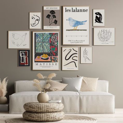 4 Piece Gallery Wall, Eclectic Art Prints Blue, Gallery Wall Over Table, Sannahed Ikea Gallery Wall, Modern Eclectic Wall Art, Wall Art Work Ideas, Matisse Gallery Wall, Gallery Wall Minimalist, Mismatch Gallery Wall