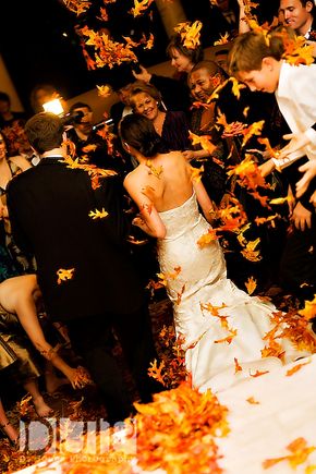 Fall leaves to be thrown when leaving the ceremony. So happening if I have a fall wedding. Hallowedding Ideas, Wedding Spots, Special Photography, French Twist Updo, Wedding Exit, Wedding Renewal, Thanksgiving Wedding, Viking Wedding, Walk Down The Aisle