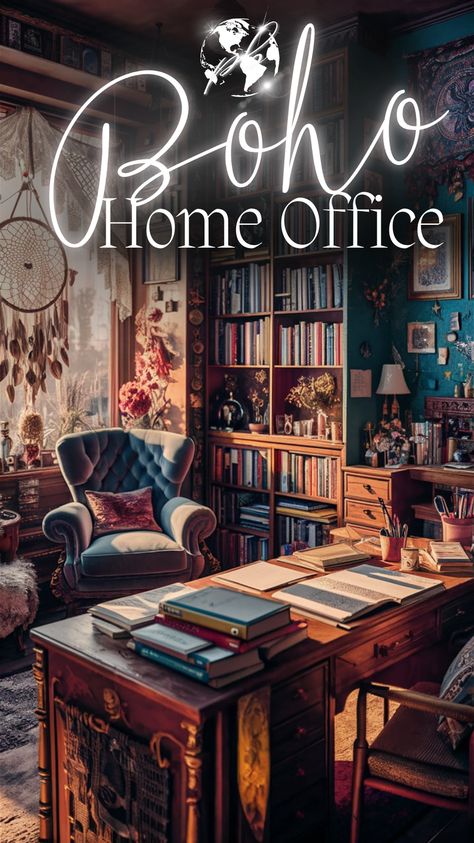 Curate the perfect boho home office with essential elements like cozy room decor, vintage, and victorian accents. Boho lamps and a boho wall add a touch of charm and creativity. This bohemian home office setup is ideal for a productive and stylish workspace. #bohohomeofficeessentials #bohostyleinteriordesign #chicbohemiandecor #vintage #boholamps #bohowall #bohochichomeoffice #homeoffice #cozyroomdecor #bohemianstyle Witchy Home Office Ideas, Library Office Ideas, Magical Office, Eclectic Office Decor, Creative Workspace Design, Boho Style Interior Design, Boho Lamps, Bohemian Home Office, Boho Home Office