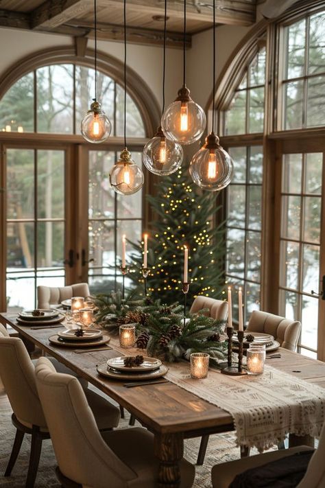 Christmas Modern Farmhouse Decor, Elegant Cozy Christmas Decor, Black Table Christmas Decor, Dining Room Tree Christmas, Elegant Christmas Dining Room Decor, Christmas Over Table Decorations, Thanksgiving With Christmas Decorations, Garland On Table Christmas, Chic House Decor Ideas