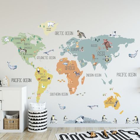 Nursery World Map, World Map Sticker, World Map Wall Decal, World Map Mural, Map Wall Decal, Map Sticker, Kids Room Wall Stickers, Map Murals, World Map Decal