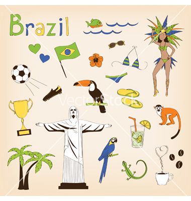 Brazil vector doodle by alien-tz on VectorStock® Brazil Sketch, Brazil Drawing, Brazil Art, Vector Doodle, Pamphlet Design, Rio Carnival, Football Stickers, Cartoon Style, Art Drawings Simple