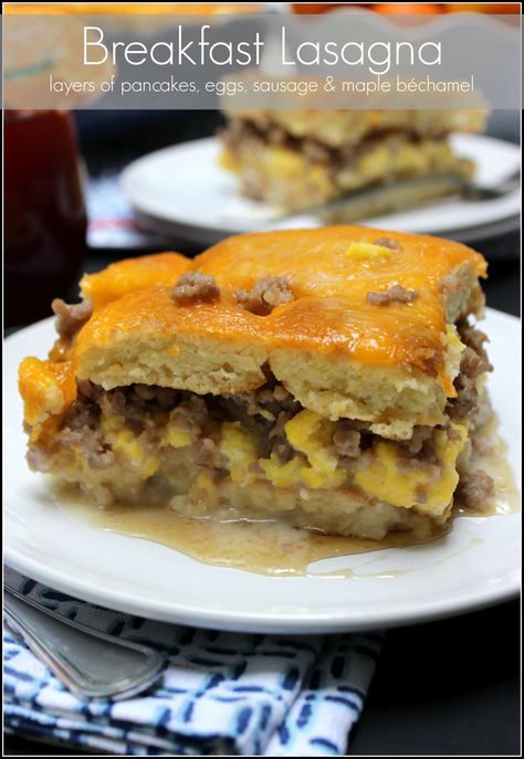 This Breakfast Lasagna is a delicious way to start your day. With layers of pancakes, eggs, sausage, and maple béchamel, breakfast has never tasted so good. Lasagna Layers, Breakfast Lasagna, What's For Breakfast, Breakfast Brunch Recipes, Sausage Breakfast, Breakfast Time, Pancake Recipe, Breakfast Dishes, Fun Cooking