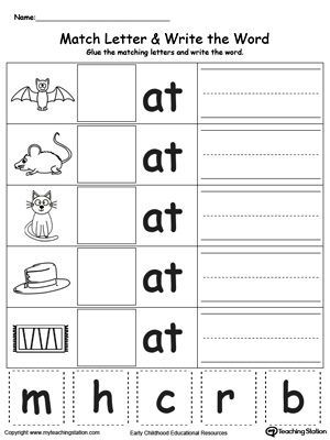 AT Word Family Match Letter and Write the Word: Practice identifying the beginning sound of each word by looking at the picture and placing the correct missing letter to complete the word. Your child will then write the words themselves. Ig Word Family, Preschool Checklist, Word Families Printables, Reading Tutor, Kindergarten Word Families, Family Worksheets, Word Reading, Color Practice, Phonics Cvc