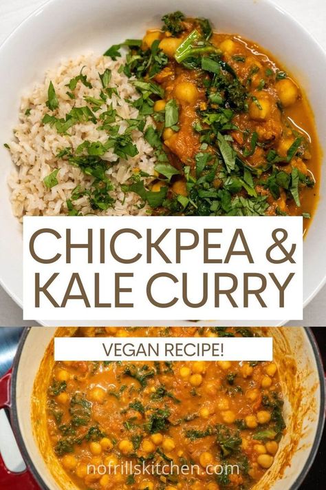 This rich and flavourful chickpea and kale curry is super simple to make and absolutely delicious. It's the perfect vegan meal for any day of the week. Kale Curry, Edamame Snack, Easy Chickpea Curry, Kidney Bean Curry, Chickpea And Spinach Curry, Chickpea Curry Recipe, Beans Curry, Crispy Chickpeas, Kale Recipes