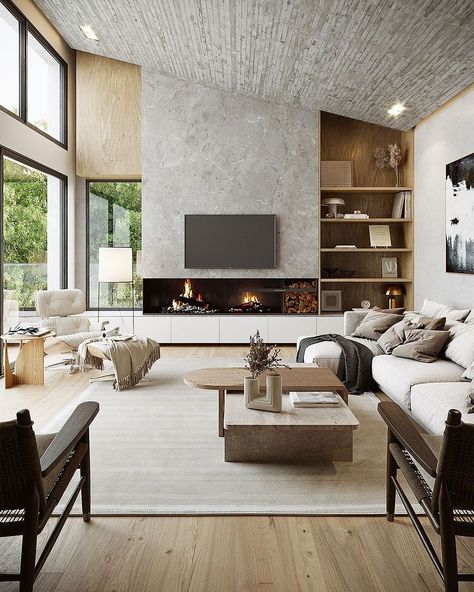 Tv Wall Sloped Ceiling, Slopped Roof House, Sloped Roof Living Room, Open Roof Living Room, Monopitch Roof Houses, Attic Living Room Sloped Ceiling, Living Room Attic, Interior Architecture Living Room, Sloped Ceiling Living Room