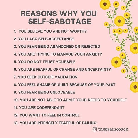 In my previous posts, I mentioned the signs of self-sabotage and shared with you steps on how to stop these maladaptive behaviors. Those… Self Sabotage Affirmations, Signs Of Self Sabotage, Stop Self Sabotage, Don’t Self Sabotage Quotes, Avoid Self Sabotage, Sanity Quotes, Healing Journaling, Burn Out, Emotional Awareness