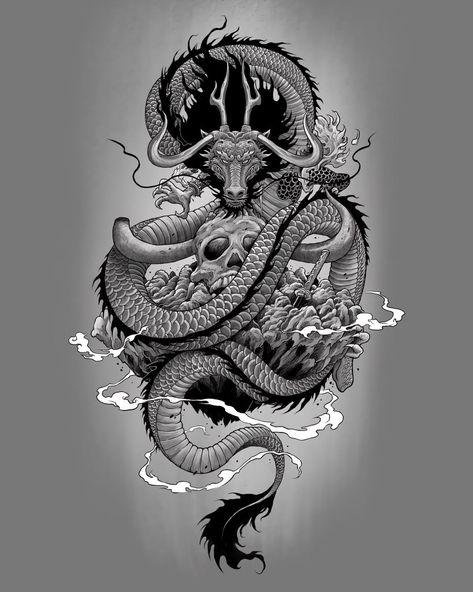 Dragon Tattoo Chest, Dragon Tattoo Back, Dragon Tattoos For Men, Dragon Sleeve, Dragon Tattoo Art, Japanese Dragon Tattoo, Skull Sleeve Tattoos, Skull Sleeve, Back Piece Tattoo