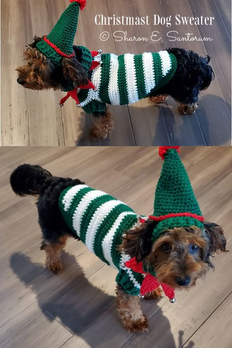 Elf Dog Costume Christmas Outfit Crochet Patterns Dog Sweater Crochet, Crochet Dog Sweater Free Pattern, Illustrated Pattern, Darning Needle, Crochet Dog Clothes, Needle Crochet, Christmas Dog Outfits, Dog Sweater Crochet Pattern, Crochet Costumes