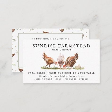 Watercolor Chickens, Sunrise Farm, Backyard Chicken Coop, Chickens Farm, Buisness Cards, Farm Business, Hairstylist Business Cards, Business Card Design Inspiration, Farm Eggs