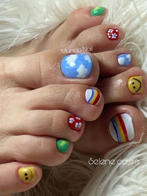 Kawaii Pedicure Ideas, Funky Toenail Designs, Fun Toenail Designs, Spring Toenail Designs, Kids Toenail Designs, Kids Pedicure Ideas, Fun Pedicure, Rainbow Toe Nails, Glitter Toe Nails