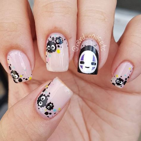 Sailor Moon Nail Art Design, Animal Crossing Nail Art, Spy Family Nails, Sprite Nails, Soot Sprite Nails, Anime Nails Simple, Cute Anime Nails, Acrylic Nail Designs Short, Studio Ghibli Nail Art