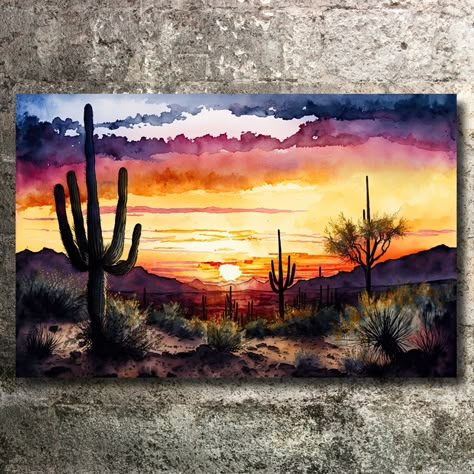 Experience the breathtaking desert scenery with our Watercolor Painting of this Arizona Desert Cactus Sunset Art, available in a range of sizes. Our landscape gallery wall prints are sure to make a bold statement in your home or apartment decor. Bring nature inspired charm to any setting. Discover our diverse selection of western decor, southwest wall art, and other watercolor paintings. Looking for some artwork for your walls? Need a great gift idea? We offer a plethora of designs and sizes to Painting Of Desert, Arizona Desert Painting, Desert Painting Ideas, Simple Desert Painting, Desert Painting Acrylic Easy, Desert Watercolor Paintings, Sedona Painting, Painting Ideas Unique, Western Painting Ideas