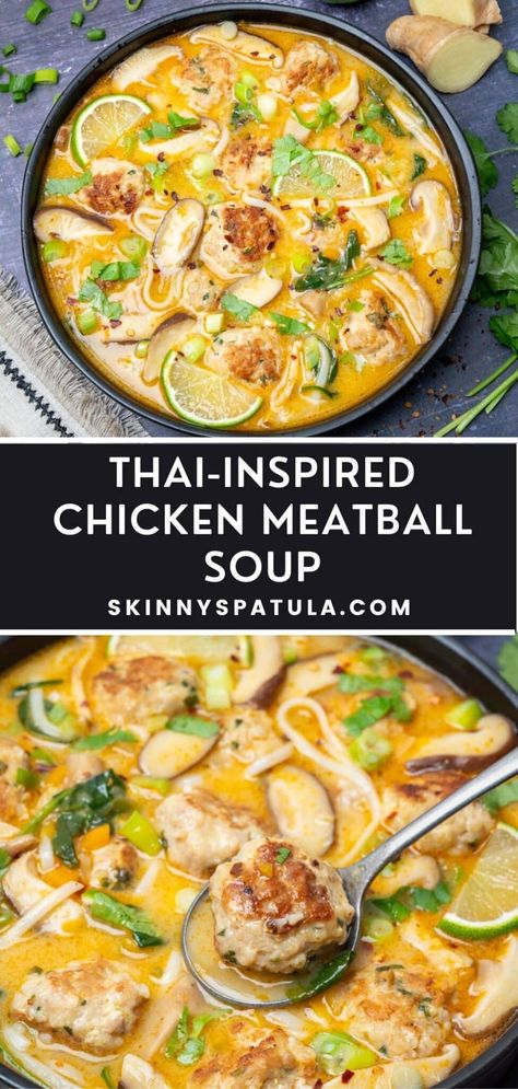 Thai Inspired Chicken Meatball Soup – Skinny Spatula Asian Chicken Meatball Soup, Best Meatball Soup Recipe, Thai Inspired Chicken Meatball Soup, Thai Inspired Recipes, Asian Inspired Soup, Meatball And Rice Soup, Yummy Soups For Winter, Meatballs Soup Recipes, Chicken Meatball Soup Recipes