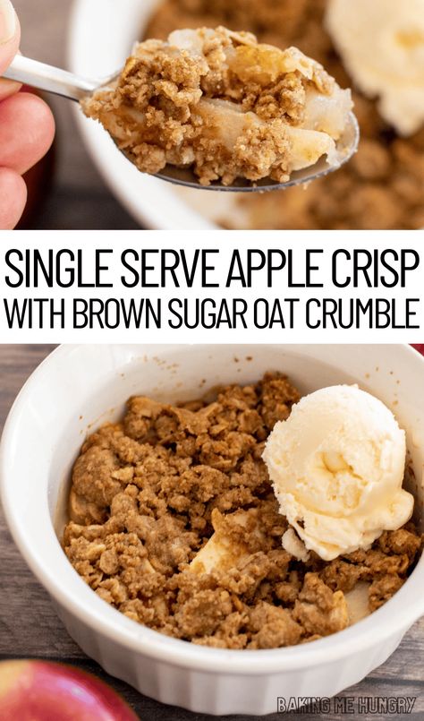 This Simple Serve Apple Crumble is the best way to curb your sweet tooth! Loaded with fresh apples and the best crumble topping, this simple dessert is a must-make! Treat yourself to this sweet treat for one that you don't have to share! Apple Crumble In A Jar, No Bake Apple Crumble, Small Batch Crumble Topping, Biscoff Apple Crumble, Dessert Crisp Recipes, Apple Crisp Single Serving, Single Serve Apple Crumble, Single Serve Apple Crisp, Apple Pie Crumble Topping