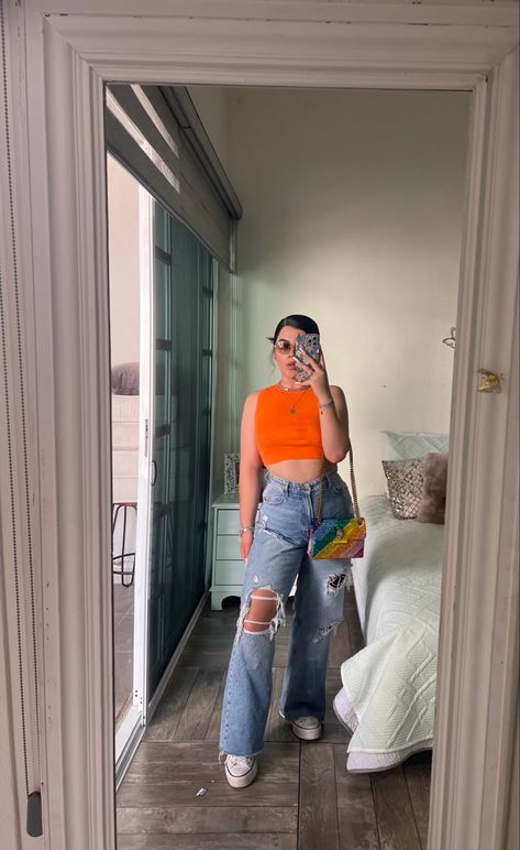 OOTD outfit verano colores fashion buchifresa Outfits Bonitos Juveniles, Top Naranja, Outfits Bonitos, Cute Professional Outfits, Jeans Outfit Women, Winter Fashion Outfits Casual, Orange Outfit, Causual Outfits, Casual Work Outfits