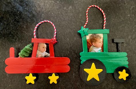 Classroom Ornament Ideas, Toddler Christmas Ornaments, Diy Kids Ornaments, Diy Christmas Gifts For Kids To Make, Craft Stick Truck Ornament, Popsicle Stick Ornaments Kids Picture, Popsicle Stick Train Ornament, Diy Car And Truck Popsicle Stick Christmas Ornaments, Popsicle Stick Sled Ornaments Diy