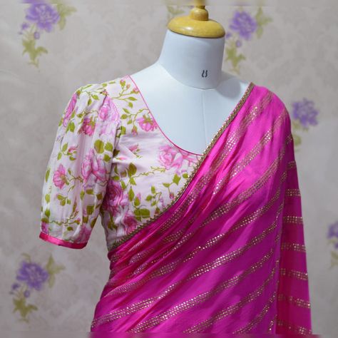 Printed Blouse Designs For Plain Saree, Shiffon Sarees Designs Latest, Blouse Butta Hands Models, Shiffon Sarees Blouse Designs, Butta Hands For Blouses, Butta Hands, Cold Shoulder Blouse Designs, Print Blouse Design, Plain Blouse Designs