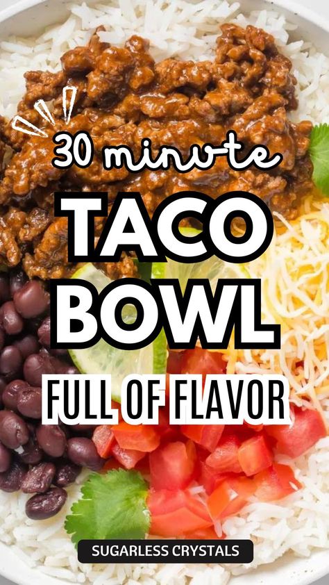 This Taco bowl is a great way to get the taco flavors without the shell for a different experience with less carbs and all the flavors you love. A healthy simple lunch ideas and a quick dinner option for busy family dinners Easy Taco Bowl Meal Prep, Taco Bowls Ground Beef, Ground Beef Taco Bowls, Healthy Taco Bowl, Taco Bowl Meal Prep, Turkey Taco Bowl, Taco Rice Bowl, Ground Beef Burrito Bowl, Clean Eating Taco Bowl