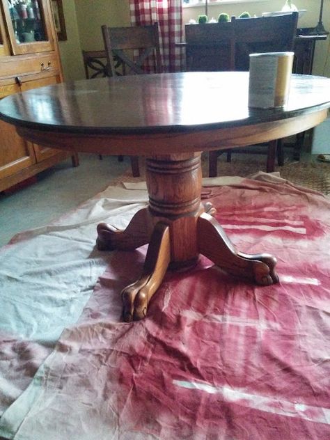 How to Give an 80's Oak Table a Facelift | Postcards from the Ridge Painted Oak Table, Pedestal Table Makeover, Oak Pedestal Table, Dining Table Redo, Oak Table And Chairs, Black Dining Room Table, Kitchen Table Oak, Black Kitchen Table, Dining Table Makeover