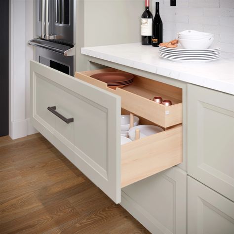 What will you put in your secret drawer? Allen Roth Cabinets, Allen Roth Kitchen Cabinets, Allen And Roth Cabinets, Kitchen Ideas Quartz, Linen Blind, Garage Suite, Kitchen Dining Remodel, Corner Base Cabinet, Microwave Cabinet