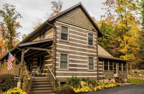 Landscaping Rustic Cabin Exterior, Log Cabin Exterior, Log Home Builders, Stone Chimney, Cabin Exterior, Rustic Bathroom Decor, Timber Frame Homes, Log Cabin Homes, Log Home